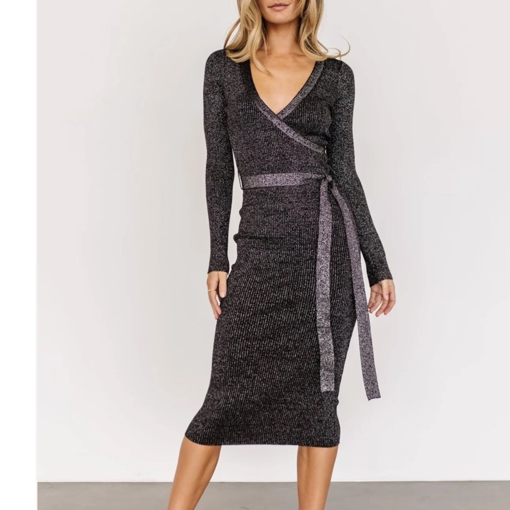 Baltic Born Black Ribbed Wrap Midi Dress